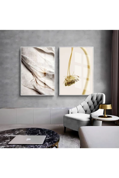 Harikabirev HARİKABİREV|BEYAZ-SARI MARBLE & ÇİÇEKİ SOYUT KOMBİNİ |ÇERÇEVELİ CAM TABLO  2Lİ DİKEY ürün görseli 1