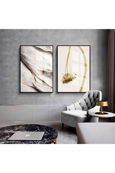 Harikabirev HARİKABİREV|BEYAZ-SARI MARBLE & ÇİÇEKİ SOYUT KOMBİNİ |ÇERÇEVELİ CAM TABLO  2Lİ DİKEY ürün görseli 1