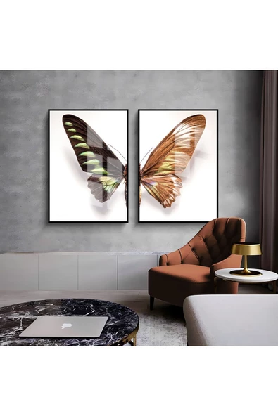 Harikabirev HARİKABİREV|BEYAZ-GOLD KELEBEK KANATLARI KOMBİNİ 01 |ÇERÇEVELİ CAM TABLO  2Lİ DİKEY ürün görseli 1