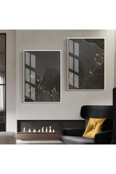 Harikabirev HARİKABİREV|SİYAH-GOLD LUXURY DESENLİ SOYUT KOMBİNİ 02 |ÇERÇEVELİ CAM TABLO  2Lİ DİKEY ürün görseli 1