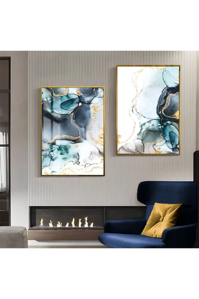 Harikabirev HARİKABİREV|MAVİ-GOLD LUXURY DESENLİ SOYUT KOMBİNİ 1 |ÇERÇEVELİ CAM TABLO  2Lİ DİKEY ürün görseli 1