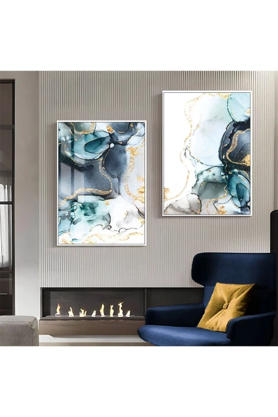 Harikabirev HARİKABİREV|MAVİ-GOLD LUXURY DESENLİ SOYUT KOMBİNİ 1 |ÇERÇEVELİ CAM TABLO  2Lİ DİKEY ürün görseli 1