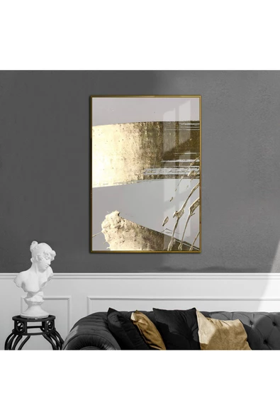 Harikabirev HARİKABİREV|GRİ-GOLD ABSTRACT DESENLİ MODEL 2|ÇERÇEVELİ TEMPERLİ CAM TABLO TEKLİ DİKEY ürün görseli 1