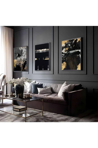 Harikabirev HARİKABİREV|GOLD-SİYAH SOYUT ABSTRACT KOMBİNİ MODELİ 3  |ÇERÇEVELİ CAM TABLO 3LÜ DİKEY ürün görseli 1