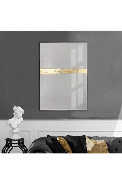 Harikabirev HARİKABİREV|GRİ-GOLD ABSTRACT DESENLİ MODEL 1|ÇERÇEVELİ TEMPERLİ CAM TABLO TEKLİ DİKEY ürün görseli 1