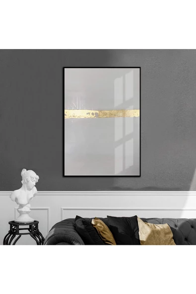 Harikabirev HARİKABİREV|GRİ-GOLD ABSTRACT DESENLİ MODEL 1|ÇERÇEVELİ TEMPERLİ CAM TABLO TEKLİ DİKEY ürün görseli 1