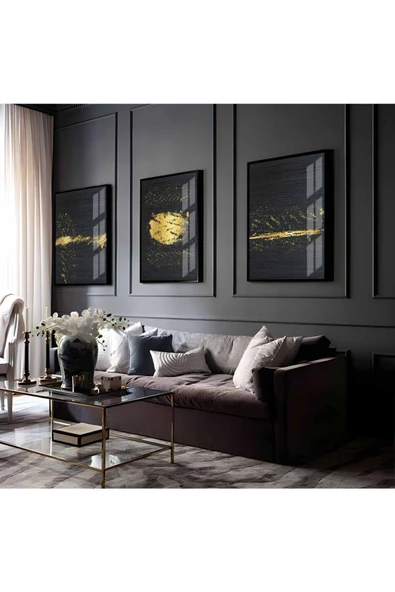 Harikabirev HARİKABİREV|GOLD-SİYAH SOYUT ABSTRACT KOMBİNİ MODELİ 2  |ÇERÇEVELİ CAM TABLO 3LÜ DİKEY ürün görseli 1