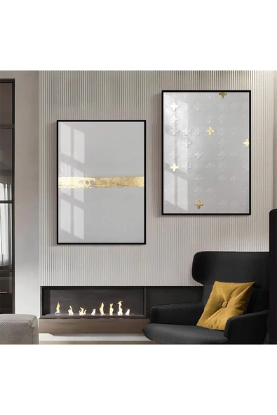 Harikabirev HARİKABİREV|GOLD-GRİ DESENLİ  SOYUT KOMBİNİ 01 |ÇERÇEVELİ CAM TABLO  2Lİ DİKEY ürün görseli 1