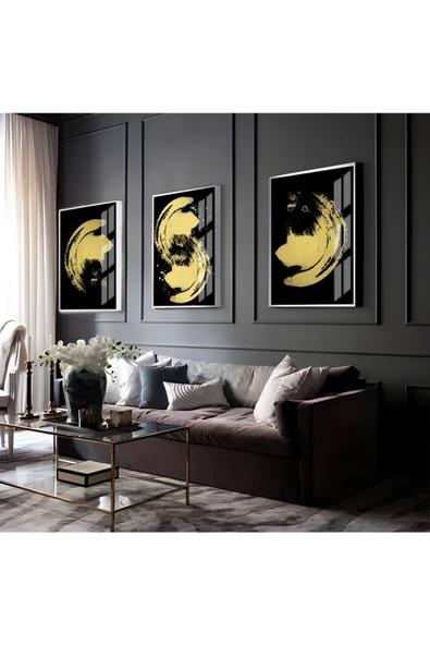 Harikabirev HARİKABİREV|GOLD-SİYAH SOYUT ABSTRACT KOMBİNİ 01|ÇERÇEVELİ CAM TABLO 3LÜ DİKEY ürün görseli 1