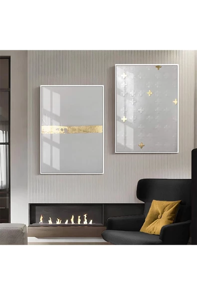 Harikabirev HARİKABİREV|GOLD-GRİ DESENLİ  SOYUT KOMBİNİ 01 |ÇERÇEVELİ CAM TABLO  2Lİ DİKEY ürün görseli 1