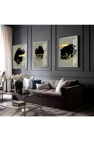 Harikabirev HARİKABİREV|GOLD-SİYAH SOYUT ABSTRACT KOMBİNİ 02 |ÇERÇEVELİ CAM TABLO 3LÜ DİKEY ürün görseli 1
