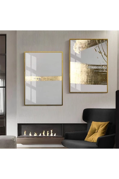 Harikabirev HARİKABİREV|GOLD-GRİ DESENLİ  SOYUT KOMBİN MODELEİ 02|ÇERÇEVELİ CAM TABLO  2Lİ DİKEY ürün görseli 1