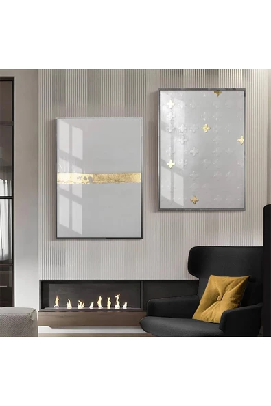 Harikabirev HARİKABİREV|GOLD-GRİ DESENLİ  SOYUT KOMBİNİ 01 |ÇERÇEVELİ CAM TABLO  2Lİ DİKEY ürün görseli 1
