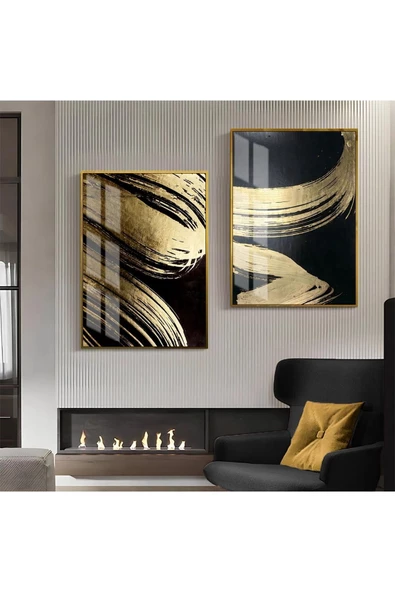 Harikabirev HARİKABİREV|SİYAH-GOLD SOYUT ABSTRACT KOMBİN 2 |ÇERÇEVELİ CAM TABLO  2Lİ DİKEY ürün görseli 1