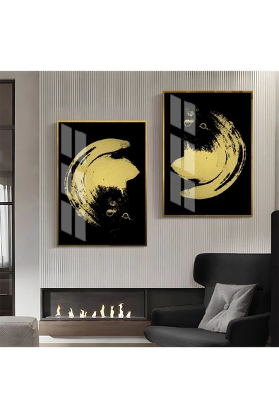 Harikabirev HARİKABİREV|GOLD-SİYAH ABSTRACT ŞEKİL KOMBİN 01 |ÇERÇEVELİ CAM TABLO  2Lİ DİKEY ürün görseli 1