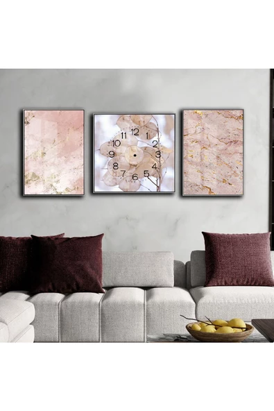 Harikabirev HARİKABİREV|PEMBE-BEYAZ-GOLD SOYUT ÇİÇEK DESENLİ KOMBİN MODELİ 01 |ÇERÇEVELİ SAATLİ CAM TABLO ürün görseli 1