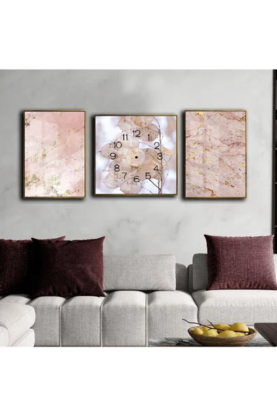 Harikabirev HARİKABİREV|PEMBE-BEYAZ-GOLD SOYUT ÇİÇEK DESENLİ KOMBİN MODELİ 01 |ÇERÇEVELİ SAATLİ CAM TABLO ürün görseli 1