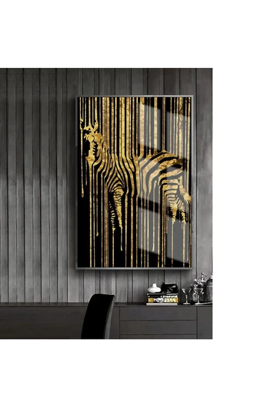 Harikabirev |GOLD-SİYAH ZEBRA DESENLİ MODEL 1 |ÇERÇEVELİ TEMPERLİ CAM TABLO TEKLİ DİKEY ürün görseli 1