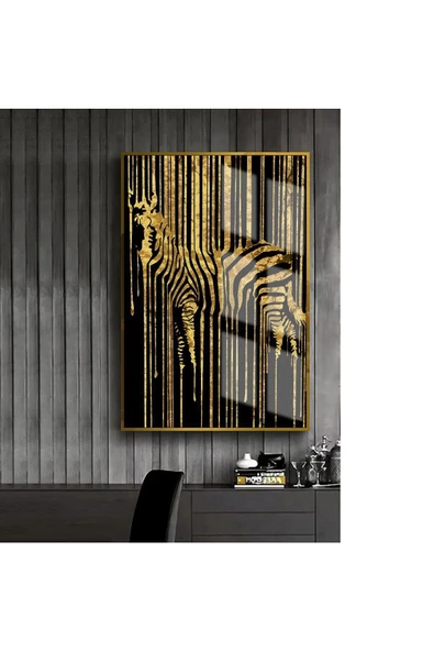 Harikabirev HARİKABİREV|GOLD-SİYAH ZEBRA DESENLİ MODEL 1 |ÇERÇEVELİ TEMPERLİ CAM TABLO TEKLİ DİKEY ürün görseli 1