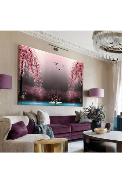 Harikabirev Hari?kabi?rev|mavi?-pembe Ağaç Ve Kuğu Detayli Tablo |tekli? Çerçevesi?z Yatay Kanvas Tablo ürün görseli 1