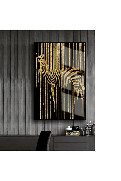 Harikabirev HARİKABİREV|GOLD-SİYAH ZEBRA DESENLİ MODEL 1 |ÇERÇEVELİ TEMPERLİ CAM TABLO TEKLİ DİKEY ürün görseli 1