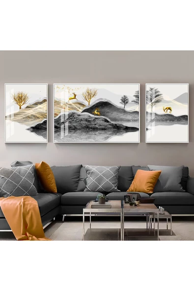 Harikabirev |gold-siyah Soyut Geyik Abstract Kombini 01 |çerçeveli Temperli Cam Tablo 3lü Yatay ürün görseli 1