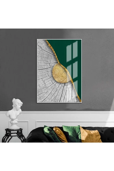 Harikabirev HARİKABİREV|GRİ-YEŞİL-GOLD ETNİK SOYUT MODELİ 3 |ÇERÇEVELİ TEMPERLİ CAM TABLO TEKLİ DİKEY ürün görseli 1