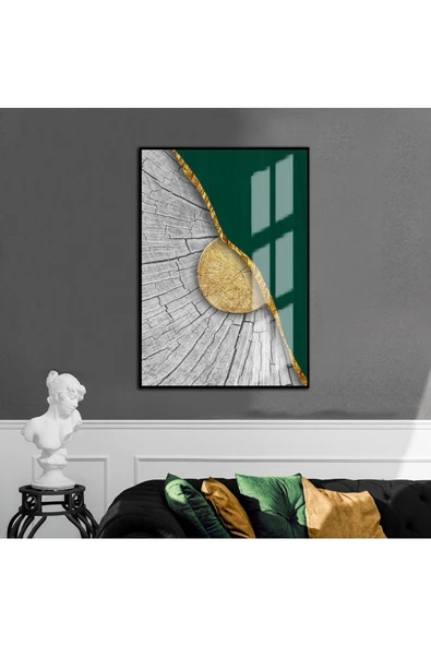 Harikabirev HARİKABİREV|GRİ-YEŞİL-GOLD ETNİK SOYUT MODELİ 3 |ÇERÇEVELİ TEMPERLİ CAM TABLO TEKLİ DİKEY ürün görseli 1