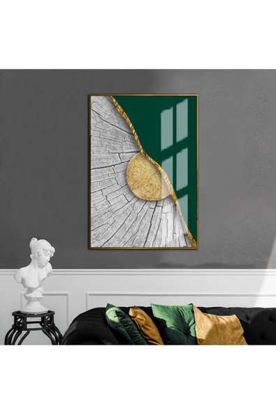 Harikabirev HARİKABİREV|GRİ-YEŞİL-GOLD ETNİK SOYUT MODELİ 3 |ÇERÇEVELİ TEMPERLİ CAM TABLO TEKLİ DİKEY ürün görseli 1