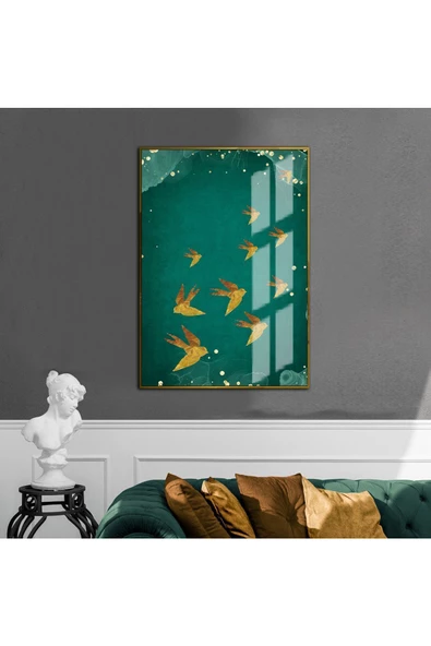 Harikabirev HARİKABİREV|YEŞİL-GOLD ABSTRACT KUŞ DESENLİ MODEL|ÇERÇEVELİ TEMPERLİ CAM TABLO TEKLİ DİKEY ürün görseli 1