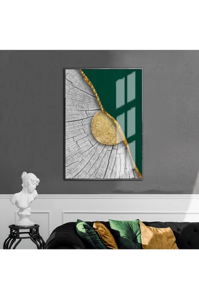 Harikabirev HARİKABİREV|GRİ-YEŞİL-GOLD ETNİK SOYUT MODELİ 3 |ÇERÇEVELİ TEMPERLİ CAM TABLO TEKLİ DİKEY ürün görseli 1