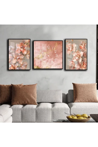 Harikabirev HARİKABİREV|PEMBE-BEYAZ-GOLD SOFT ÇİÇEK DESENLİ SOYUT KOMBİN 01 |ÇERÇEVELİ SAATLİ CAM TABLO ürün görseli 1