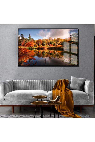 Harikabirev HARİKABİREV|SONBAHAR MANZARALI SARI-SICAK RENK ORMAN 1|ÇERÇEVELİ TEMPERLİ CAM TABLO TEKLİ YATAY ürün görseli 1