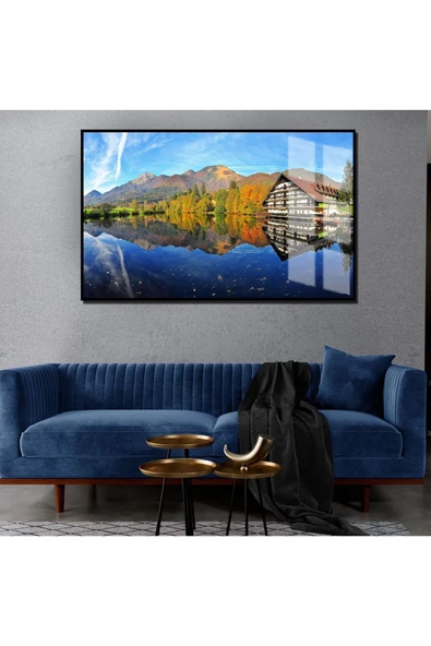 Harikabirev HARİKABİREV|SONBAHAR MANZARALI MAVİ GÖL EVİ MANZARASI 1|ÇERÇEVELİ TEMPERLİ CAM TABLO TEKLİ YATAY ürün görseli 1