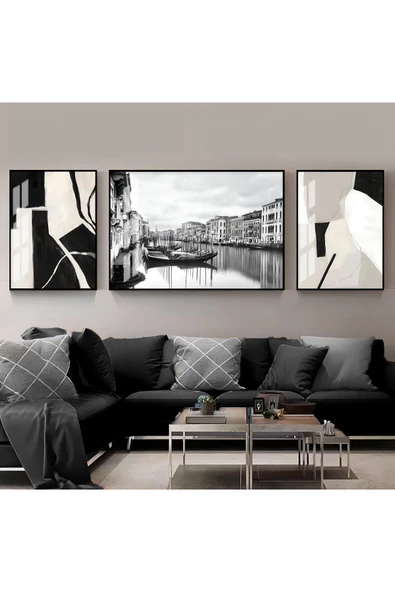Harikabirev |SİYAH-BEYAZ IKEA SOYUT ABSTRACT KOMBİNİ 01 |ÇERÇEVELİ TEMPERLİ CAM TABLO 3LÜ YATAY ürün görseli 1