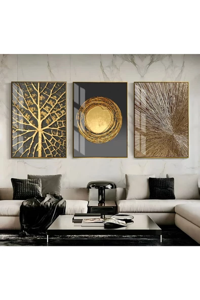 Harikabirev HARİKABİREV|GRİ-GOLD SEVİLEN SOYUT ABSTRACT KOMBİN 03|ÇERÇEVELİ CAM TABLO 3LÜ DİKEY ürün görseli 1