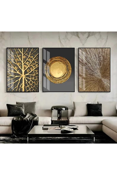 Harikabirev HARİKABİREV|GRİ-GOLD SEVİLEN SOYUT ABSTRACT KOMBİN 03|ÇERÇEVELİ CAM TABLO 3LÜ DİKEY ürün görseli 1