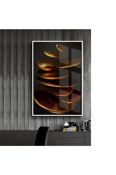 Harikabirev HARİKABİREV|SİYAH-GOLD SOYUT ABSTRACT ŞEKİL TABLA |ÇERÇEVELİ TEMPERLİ CAM TABLO TEKLİ DİKEY ürün görseli 1