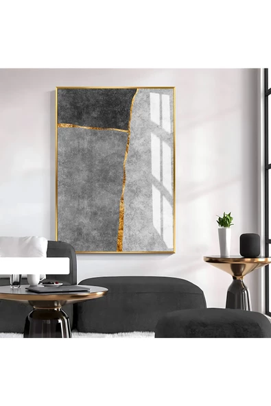 Harikabirev HARİKABİREV|SOYUT GOLD-SİYAH-GRİ ELEGANT DESENLİ MODEL II |ÇERÇEVELİ TEMPERLİ CAM TABLO TEKLİ DİKEY ürün görseli 1
