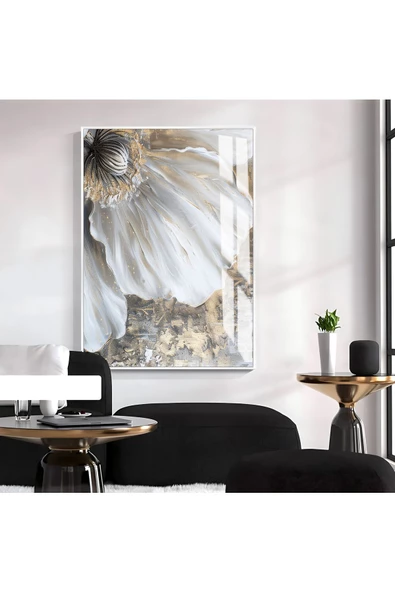 Harikabirev HARİKABİREV|GRİ-GOLD SOFT ÇİÇEK DESENLİ MODEL II |ÇERÇEVELİ TEMPERLİ CAM TABLO TEKLİ DİKEY ürün görseli 1