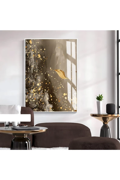 Harikabirev HARİKABİREV|KAHVERENGİ-GOLD YAPRAK DESEN SOYUT MODEL 1|ÇERÇEVELİ TEMPERLİ CAM TABLO TEKLİ DİKEY ürün görseli 1