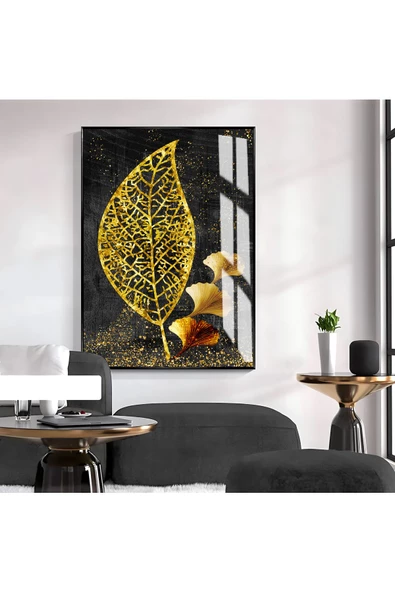 Harikabirev HARİKABİREV|GOLD-SİYAH YAPRAK DESENLİ MODEL 02 |ÇERÇEVELİ TEMPERLİ CAM TABLO TEKLİ DİKEY ürün görseli 1