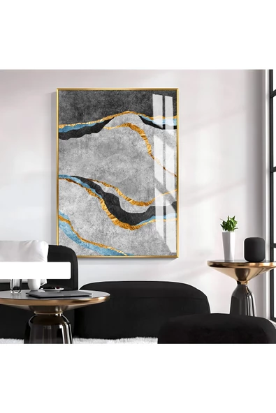 Harikabirev HARİKABİREV|SOYUT SİYAH-GRİ-GOLD ELEGANT MODEL 2|ÇERÇEVELİ TEMPERLİ CAM TABLO TEKLİ DİKEY ürün görseli 1