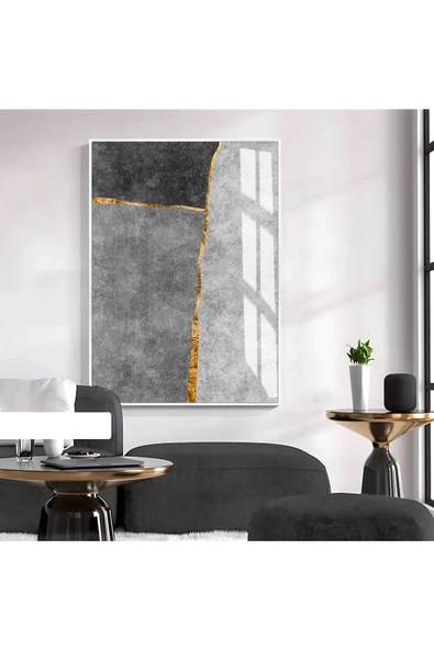 Harikabirev HARİKABİREV|SOYUT GOLD-SİYAH-GRİ ELEGANT DESENLİ MODEL II |ÇERÇEVELİ TEMPERLİ CAM TABLO TEKLİ DİKEY ürün görseli 1