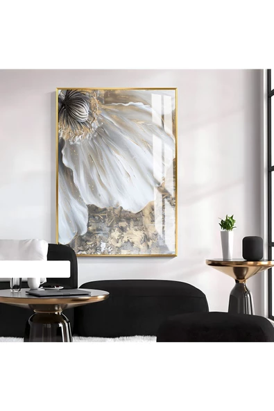 Harikabirev HARİKABİREV|GRİ-GOLD SOFT ÇİÇEK DESENLİ MODEL II |ÇERÇEVELİ TEMPERLİ CAM TABLO TEKLİ DİKEY ürün görseli 1