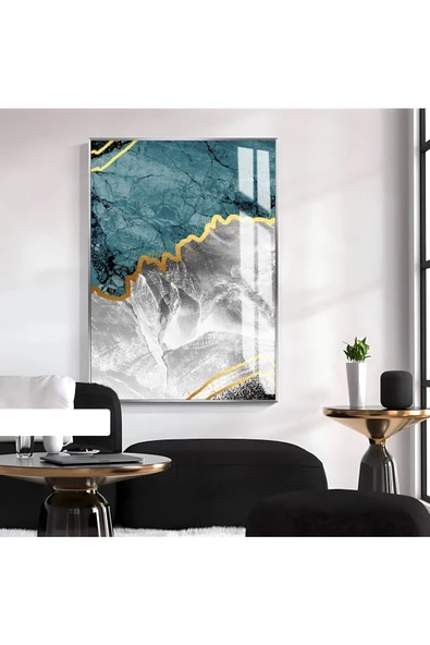 Harikabirev HARİKABİREV|SOYUT MAVİ-GRİ DESENLİ MODEL 1|ÇERÇEVELİ TEMPERLİ CAM TABLO TEKLİ DİKEY ürün görseli 1