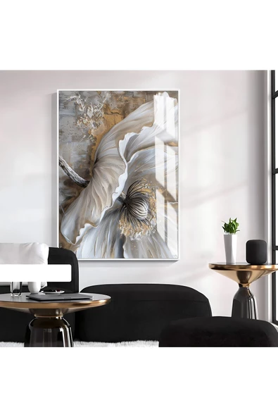Harikabirev HARİKABİREV|GRİ-GOLD SOFT ÇİÇEK DESENLİ MODEL|ÇERÇEVELİ TEMPERLİ CAM TABLO TEKLİ DİKEY ürün görseli 1