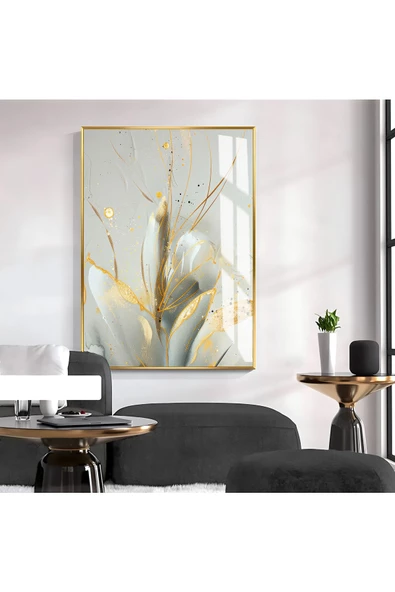 Harikabirev HARİKABİREV|GOLD-BEYAZ ÇİÇEK DESENLİ MODELİ 1|ÇERÇEVELİ TEMPERLİ CAM TABLO TEKLİ DİKEY ürün görseli 1