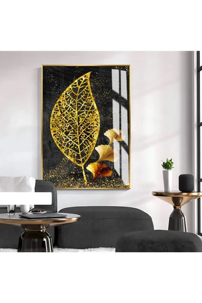 Harikabirev HARİKABİREV|GOLD-SİYAH YAPRAK DESENLİ MODEL 02 |ÇERÇEVELİ TEMPERLİ CAM TABLO TEKLİ DİKEY ürün görseli 1