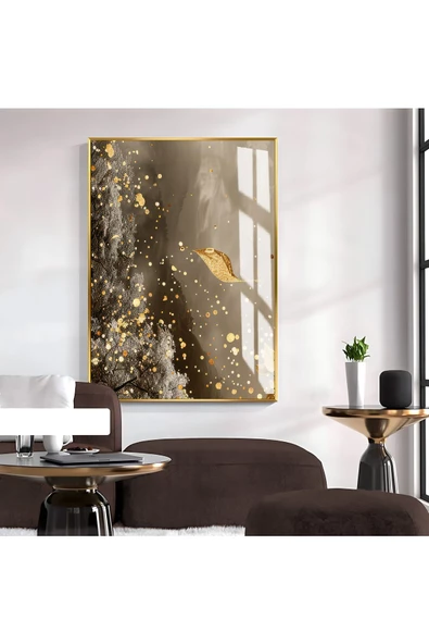 Harikabirev HARİKABİREV|KAHVERENGİ-GOLD YAPRAK DESEN SOYUT MODEL 1|ÇERÇEVELİ TEMPERLİ CAM TABLO TEKLİ DİKEY ürün görseli 1